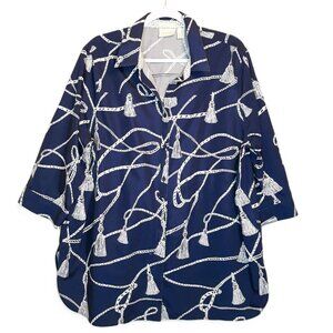 Chico's Rope Print Cotton Blue 3/4 Sleeve Button Up Top (4-XXL/20)
